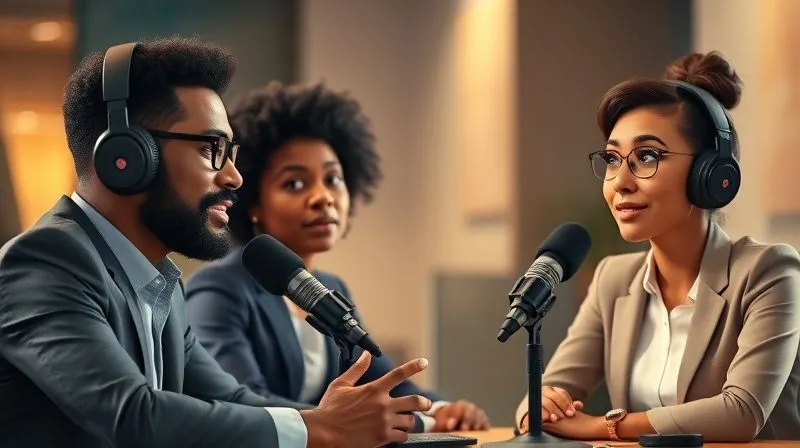 A photorealistic, professional photography, 8K, cinematic lighting, sharp focus, depth of field, shot on a high-end DSLR image of three diverse business professionals engaged in an animated panel discussion in a modern podcast studio. Microphones are central, and their expressions convey deep thought and expertise. The background is softly blurred, indicating a professional setup.
