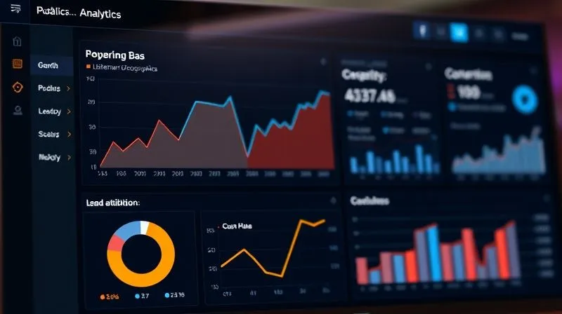 A photorealistic, professional photography, 8K, cinematic lighting, sharp focus, depth of field, shot on a high-end DSLR image of a modern analytics dashboard displaying various podcast metrics: download trends, listener demographics, conversion rates from CTAs, and lead attribution. The data is clear and visually appealing, indicating growth and success.