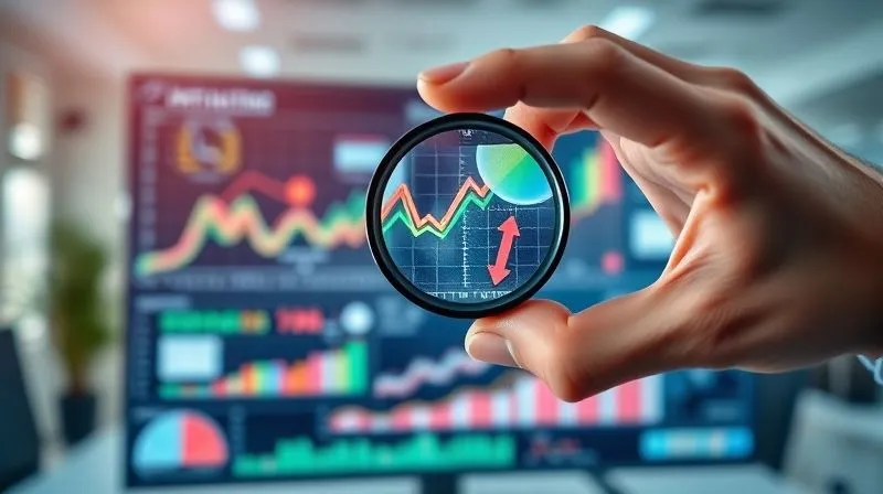 A photorealistic, professional photography, 8K, cinematic lighting, sharp focus, depth of field, shot on a high-end DSLR image of a hand holding a magnifying glass over a complex data visualization on a screen, with arrows indicating optimization and growth. The background is a modern, clean office environment, symbolizing strategic analysis and improvement.