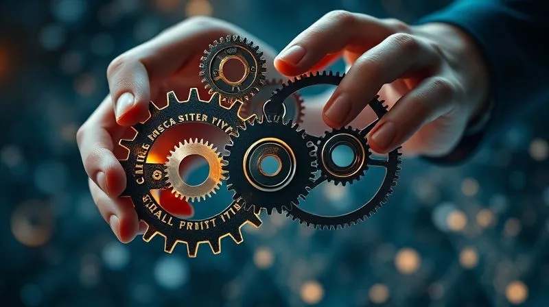 A photorealistic image of a designer's hands meticulously arranging intricate gears, each gear representing a specific design niche (e.g., 'SaaS UI/UX', 'Luxury Branding', 'Fintech Graphics'), all fitting together perfectly into a complex, glowing mechanism. The background is a soft, abstract blend of digital patterns. Cinematic lighting, sharp focus on the gears, depth of field, 8K hyper-detailed, professional photography, shot on a high-end DSLR.