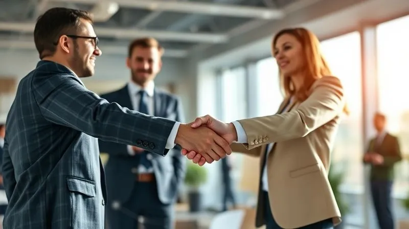 A photorealistic image of a professional designer (male or female, diverse) confidently shaking hands with a business executive in a modern, sunlit office. Around them, subtle glowing lines connect various figures, symbolizing a strong professional network. Cinematic lighting, sharp focus on the handshake, depth of field blurring the background, 8K hyper-detailed, professional photography, shot on a high-end DSLR.