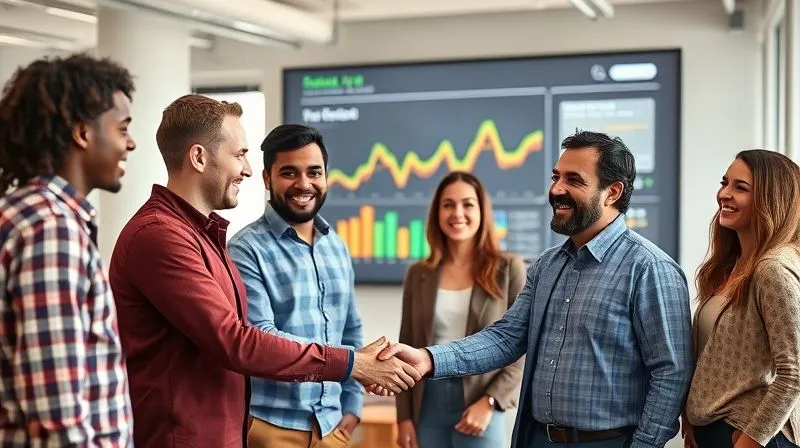 A photorealistic image of a diverse team of designers and a client executive smiling and shaking hands in a bright, modern office, a digital interface on a large screen behind them showing positive metrics. The atmosphere is collaborative and successful. Cinematic lighting, sharp focus on the faces, depth of field, 8K hyper-detailed, professional photography, shot on a high-end DSLR.