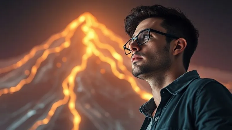 A photorealistic image of a determined designer, looking up at a challenging, abstract mountain made of glowing digital code and design elements, with a path leading upwards. The designer has a confident, resilient expression, symbolizing overcoming obstacles. Cinematic lighting, sharp focus on the designer, depth of field, 8K hyper-detailed, professional photography, shot on a high-end DSLR.