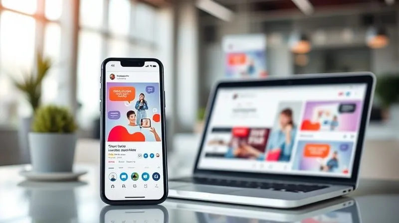 Photorealistic, professional photography, 8K, cinematic lighting, sharp focus, depth of field, shot on a high-end DSLR. A cohesive set of branded social media graphics (e.g., a post, a story, a profile banner) displayed on different devices (smartphone, tablet, laptop), all harmonized by a strong brand identity, vibrant colors, and clear typography. The background suggests a modern office environment, with soft, natural light.