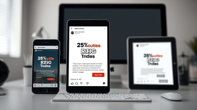 Photorealistic, professional photography, 8K, cinematic lighting, sharp focus, depth of field, shot on a high-end DSLR. A multi-device setup showing the same social media campaign ad perfectly optimized for a smartphone, a tablet, and a desktop monitor. Each screen displays the content responsively, with clear text and visible CTA buttons. The background is a clean, minimalist workspace, emphasizing modern technology.