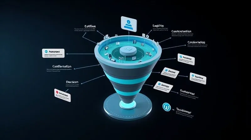A photorealistic and intricate 3D infographic illustrating a B2B sales funnel. The top of the funnel shows various traffic sources leading to a landing page, represented as a central hub. Leads then flow into distinct stages: 'Awareness', 'Consideration', 'Decision', with clear pathways for lead nurturing (email sequences, content distribution) and a final conversion point leading to 'Customer'. The visual should convey a seamless, integrated process. Cinematic lighting, sharp focus, 8K hyper-detailed, shot on a high-end DSLR.