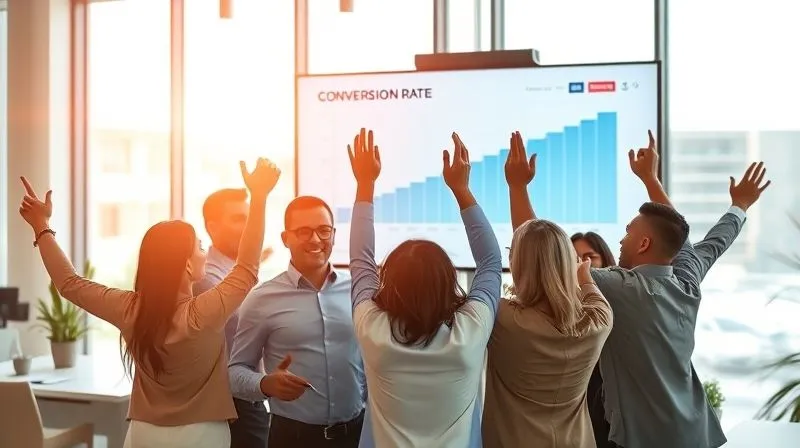 A photorealistic image of a successful business team celebrating in a modern, sunlit office, with a large monitor in the background displaying a positive upward trend in conversion rate analytics. The atmosphere is one of achievement, collaboration, and optimism. Cinematic lighting, sharp focus on the team, depth of field blurring the background, 8K hyper-detailed, shot on a high-end DSLR.