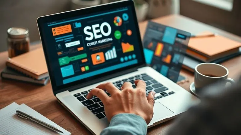 photorealistic, professional photography, 8K, cinematic lighting, sharp focus, depth of field, shot on a high-end DSLR, a person's hands typing on a laptop, with various SEO and content marketing tools displayed on the screen, surrounded by notebooks and coffee, suggesting focused, strategic work. The lighting is soft and inviting.