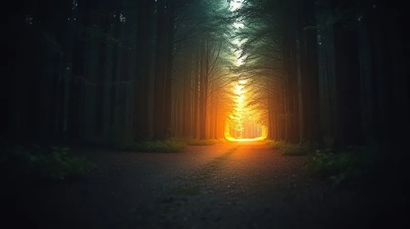 A photorealistic, professional photography of a single, brightly lit path diverging from a dense, dark forest, symbolizing a unique value proposition guiding a brand out of market saturation. Cinematic lighting, sharp focus on the path, depth of field blurring the forest, 8K hyper-detailed, hopeful and clear direction.