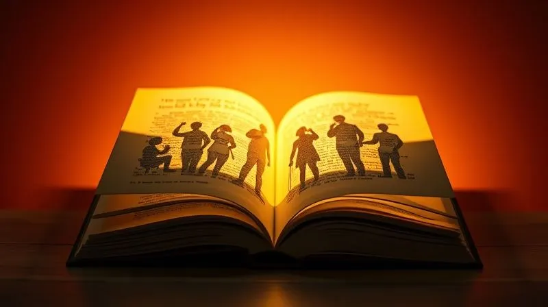 A photorealistic, professional photography of an open book with light emanating from its pages, casting shadows of people interacting and connecting, symbolizing the power of brand storytelling. Cinematic lighting, sharp focus on the book and light, depth of field blurring the background, 8K hyper-detailed, evocative and inspiring.