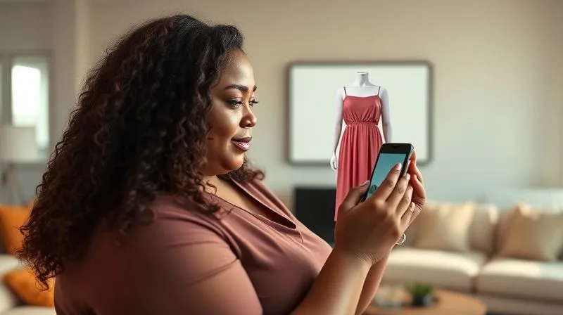 A photorealistic image of a diverse plus-size woman using a virtual try-on app on her smartphone, seeing a dress rendered in 3D on her own body in real-time, with accurate fit and drape. The background is a modern living room, cinematic lighting, sharp focus on the woman and phone, depth of field, 8K hyper-detailed, professional photography, shot on a high-end DSLR.