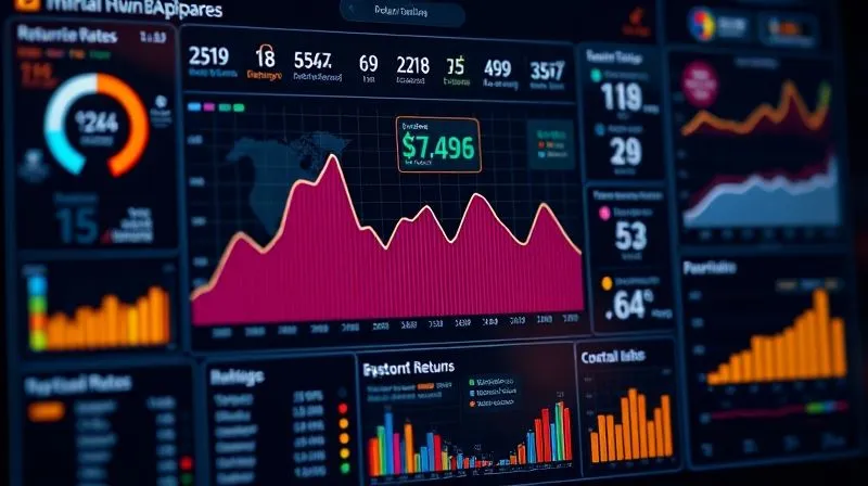 A photorealistic visualization of a complex data dashboard showing various metrics related to e-commerce returns, with a clear downward trend line for return rates. The dashboard has interactive elements and AI-driven insights highlighted, cinematic lighting, sharp focus, depth of field, 8K hyper-detailed, professional photography, shot on a high-end DSLR.