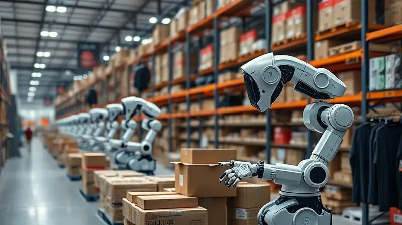 A photorealistic image of an organized, high-tech warehouse with automated robots sorting packages and clothing items. The scene should convey efficiency and precision, with cinematic lighting, sharp focus on the robots and packages, depth of field blurring the background, 8K hyper-detailed, professional photography, shot on a high-end DSLR.