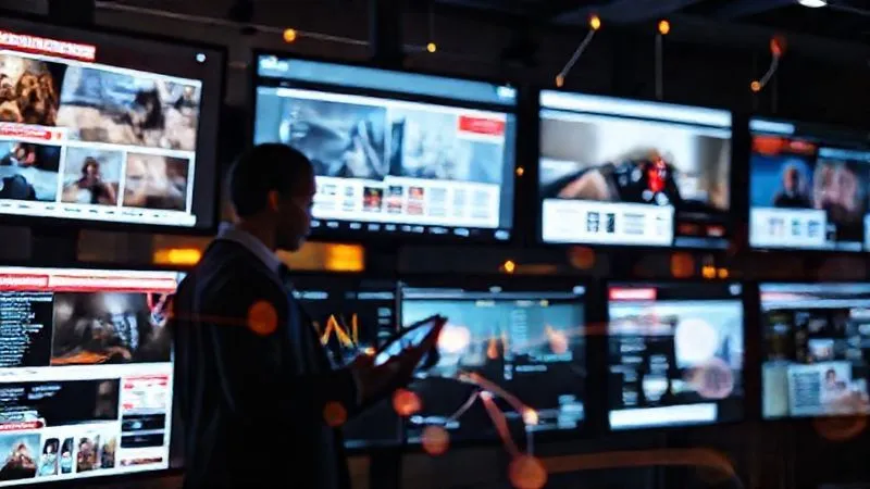 A photorealistic, professional photography, 8K, cinematic lighting, sharp focus, depth of field, shot on a high-end DSLR, showing multiple digital screens displaying various ad formats (banner, native, video) interconnected by glowing lines, representing diverse ad revenue streams for a tech news portal. In the background, a person is analyzing data on a tablet.