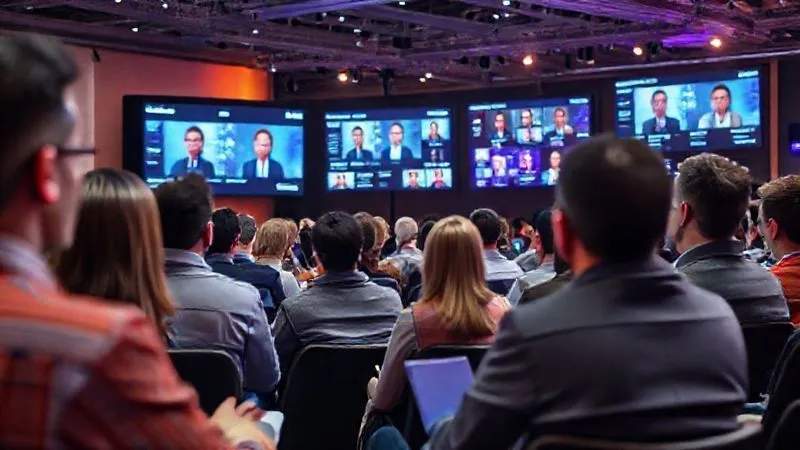A photorealistic, professional photography, 8K, cinematic lighting, sharp focus, depth of field, shot on a high-end DSLR, depicting a diverse group of professionals attending a virtual tech conference. Multiple screens show different speakers and interactive chat windows, with a vibrant, futuristic interface. The atmosphere is engaging and collaborative.