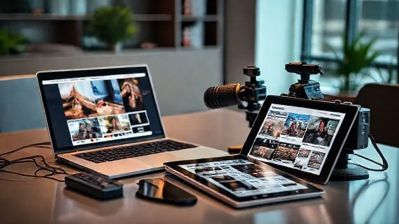 A photorealistic, professional photography, 8K, cinematic lighting, sharp focus, depth of field, shot on a high-end DSLR, showing a multi-platform content hub with a laptop displaying a news portal, a microphone for a podcast, a camera for video content, and a tablet showing an exclusive newsletter. The elements are harmoniously arranged on a sleek desk in a modern office environment.