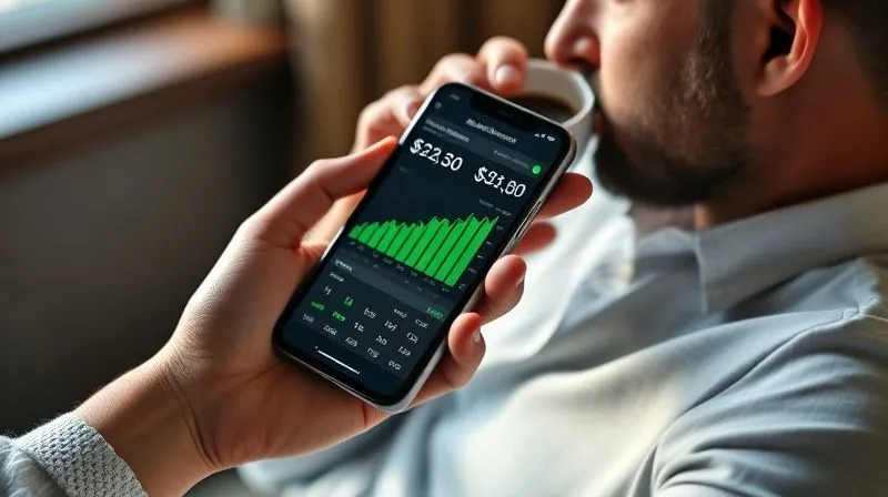 A photorealistic image of a person's hand holding a smartphone, displaying an affiliate dashboard with rising green graphs, while the other hand sips coffee, relaxed. Cinematic lighting, sharp focus, 8K, professional photography, shot on a high-end DSLR.