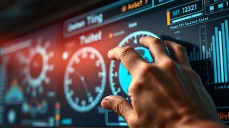 A photorealistic image of a person's hand precisely adjusting a complex, futuristic-looking digital dashboard with multiple dials and graphs, symbolizing control and optimization. The background is slightly blurred with abstract data streams. Cinematic lighting, sharp focus, 8K, professional photography, shot on a high-end DSLR.