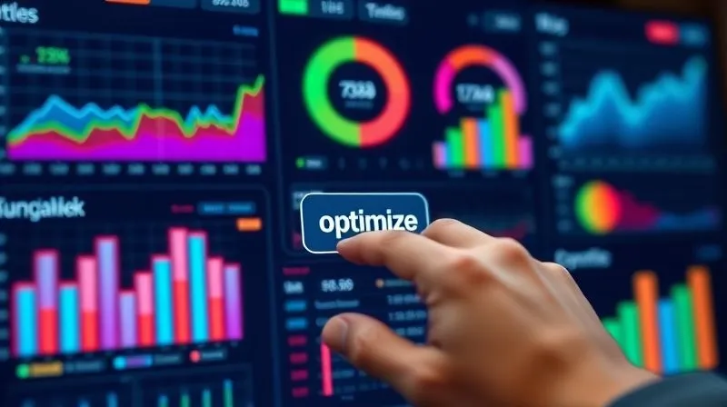 A photorealistic close-up of a digital dashboard displaying various financial metrics and growth charts in vibrant colors, with a hand hovering over a 'optimize' button. Cinematic lighting, sharp focus, 8K, professional photography, shot on a high-end DSLR.