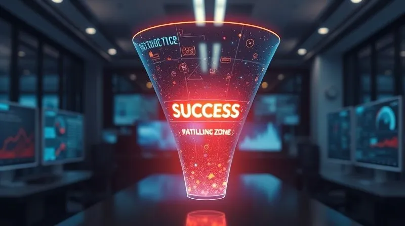 Photorealistic, professional photography, 8K, cinematic lighting, sharp focus, depth of field, shot on a high-end DSLR of a sleek, transparent digital funnel with glowing data points at each stage, leading to a vibrant 'success' zone. The background is a blurred, modern office setting with data dashboards on screens. Emotional resonance of clarity and analytical insight.