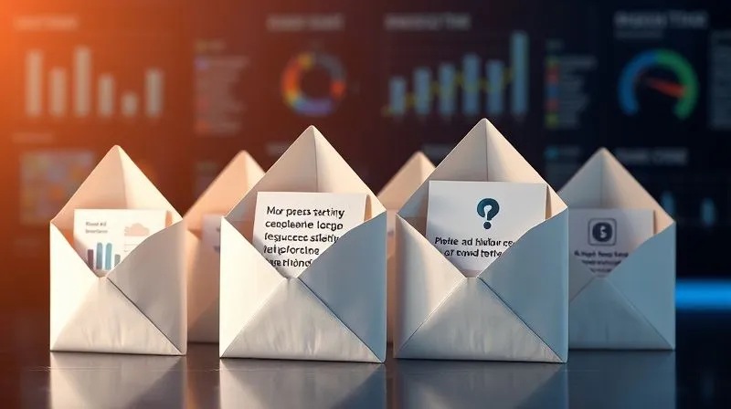 Photorealistic, professional photography, 8K, cinematic lighting, sharp focus, depth of field, shot on a high-end DSLR of a series of open envelopes, each containing a different type of engaging content (a small infographic, a success story, a question mark, a clear call to action button), arranged in a smooth, flowing sequence. The background suggests a digital interface with subtle analytics data. Emotional resonance of guided progression and personalized communication.