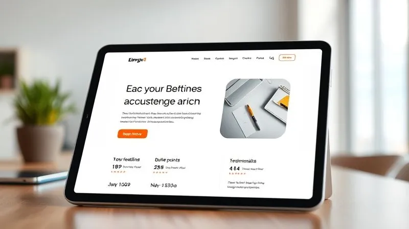 Photorealistic, professional photography, 8K, cinematic lighting, sharp focus, depth of field, shot on a high-end DSLR of a clean, modern landing page interface on a tablet, with a prominent, glowing call-to-action button. The design features compelling headlines, bullet points highlighting benefits, and subtle testimonials. The background is a blurred, bright, minimalist workspace, emphasizing focus on the screen. Emotional resonance of clarity, ease, and opportunity.