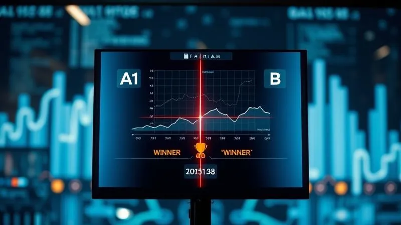 Photorealistic, professional photography, 8K, cinematic lighting, sharp focus, depth of field, shot on a high-end DSLR of two distinct digital interfaces (A and B) side-by-side on a screen, with a glowing line connecting them to a central analytics dashboard displaying comparative data and a clear 'winner' indicated. The background is a blurred, dynamic data visualization, emphasizing scientific method and optimization. Emotional resonance of precision and continuous improvement.