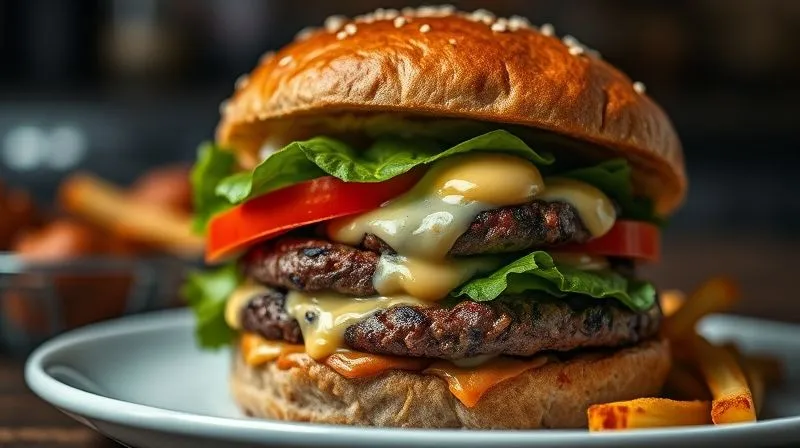 A photorealistic close-up of a perfectly plated gourmet burger with melted cheese and fresh vegetables, professional food photography, cinematic lighting, sharp focus, depth of field, 8K, shot on a high-end DSLR.