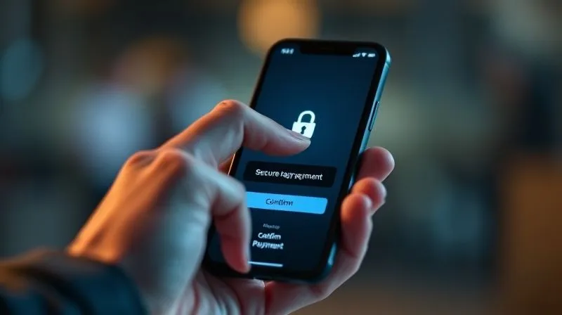 A photorealistic image of a hand tapping on a smartphone screen showing a secure payment gateway interface, with credit card icons and a 'confirm payment' button, cinematic lighting, sharp focus, depth of field, 8K, shot on a high-end DSLR.