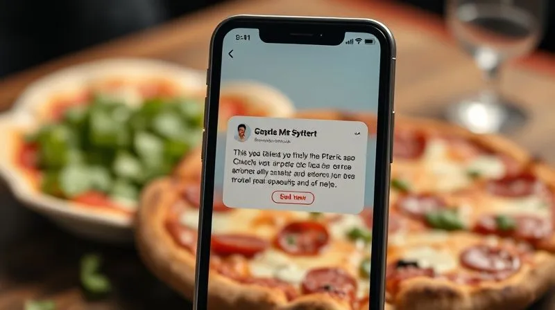 A photorealistic image of a smartphone notification showing a restaurant's special offer, with a delicious pizza in the background, cinematic lighting, sharp focus on the notification, depth of field, 8K, shot on a high-end DSLR.