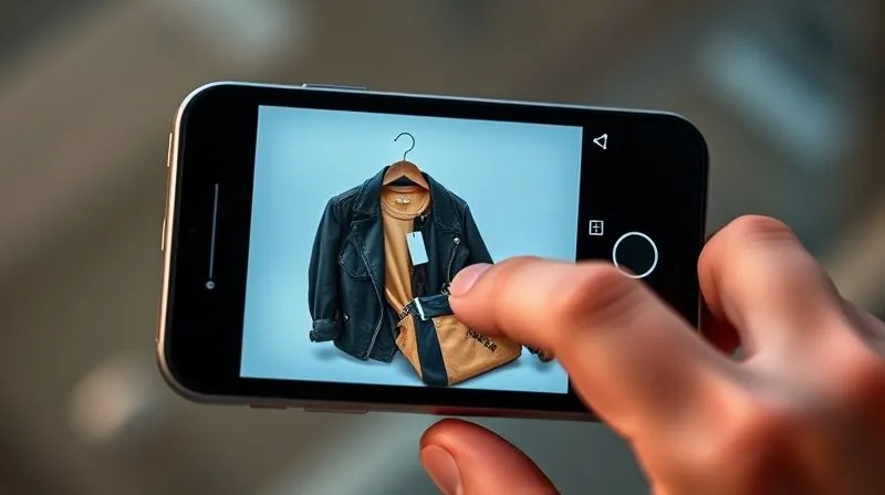 A photorealistic image of a smartphone screen displaying an Instagram shopping post, with product tags clearly visible on stylish apparel. A hand is about to tap a tag. Cinematic lighting, sharp focus on the screen, 8K, shot on a high-end DSLR.