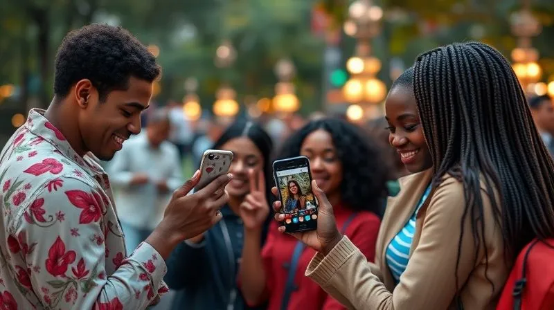 A photorealistic image of a diverse group of people interacting positively with a brand's Instagram feed on their smartphones, creating a sense of community. Blurred background of a vibrant city park, cinematic lighting, sharp focus on the phones, 8K, shot on a high-end DSLR.