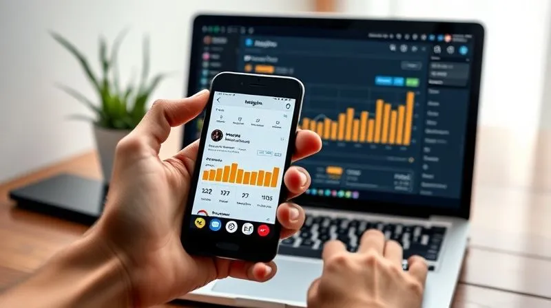 A photorealistic image of a hand holding a smartphone displaying Instagram Insights analytics, with a laptop in the background showing a detailed Google Analytics dashboard. Cinematic lighting, sharp focus on the data, 8K, shot on a high-end DSLR.