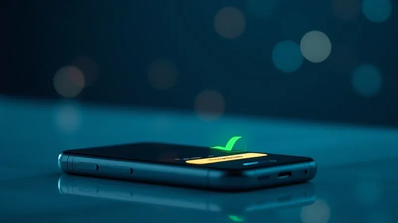 A photorealistic image illustrating a seamless e-commerce checkout process on a smartphone, with a green checkmark indicating successful payment. Minimalist design, glowing elements, cinematic lighting, sharp focus, 8K, shot on a high-end DSLR.