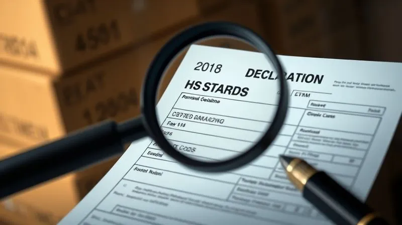 A customs declaration form with a magnifying glass meticulously examining the HS code section. The form is crisp and professional, with cinematic lighting emphasizing the details, sharp focus on the magnified area, depth of field blurring a background of stacked shipping boxes, 8K hyper-detailed, professional photography, shot on a high-end DSLR.