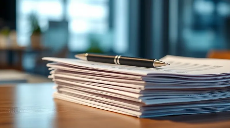 A stack of neatly organized shipping documents (commercial invoice, packing list, bill of lading) with a pen resting on top, all bathed in soft, professional office lighting. The background is a blurred, modern office setting, emphasizing meticulous preparation. Sharp focus on documents, depth of field, 8K hyper-detailed, professional photography, shot on a high-end DSLR.