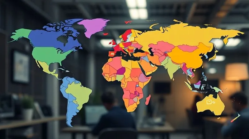 A vibrant, photorealistic world map with various countries highlighted in different shades, symbolizing varying tax regimes and trade agreements. Small, glowing icons of packages are strategically placed across the map. Cinematic lighting, sharp focus on the map, depth of field blurring the surrounding office, 8K hyper-detailed, professional photography, shot on a high-end DSLR.