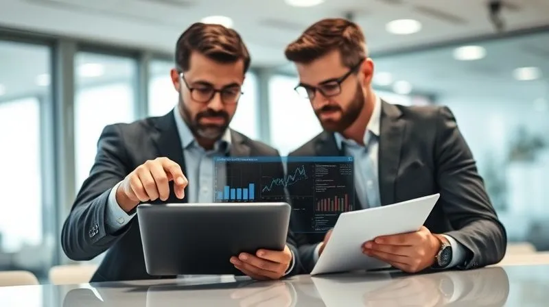 A professional consultant (tax expert) pointing at a detailed digital dashboard on a tablet, showing complex data related to customs duties and logistics, while a dropshipper client intently listens and takes notes. The setting is a modern, bright office with cinematic lighting. Sharp focus on the tablet and faces, depth of field blurring the background, 8K hyper-detailed, professional photography, shot on a high-end DSLR.