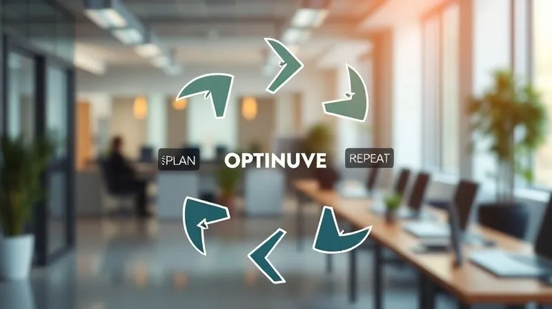 A photorealistic, professional photography of a cyclical diagram representing the continuous optimization process: Plan, Execute, Monitor, Analyze, Adjust, Repeat. Each stage is clearly labeled with arrows indicating the flow. Cinematic lighting, sharp focus on the diagram, depth of field blurring a modern office background. 8K hyper-detailed, shot on a high-end DSLR.