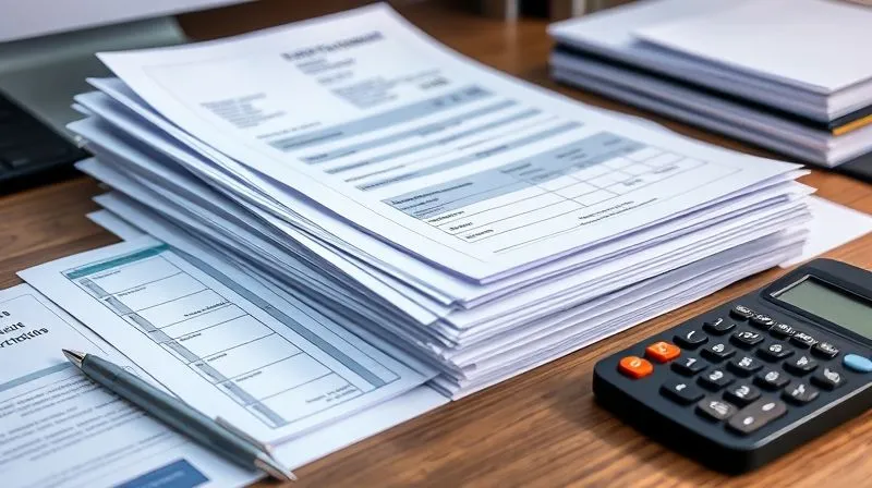 A photorealistic image of a stack of neatly organized shipping documents, invoices, and customs declarations on a desk, with a pen and a calculator, under soft, professional lighting. The documents are in Portuguese and English, conveying precision and compliance. 8K, cinematic lighting, sharp focus, depth of field, shot on a high-end DSLR.