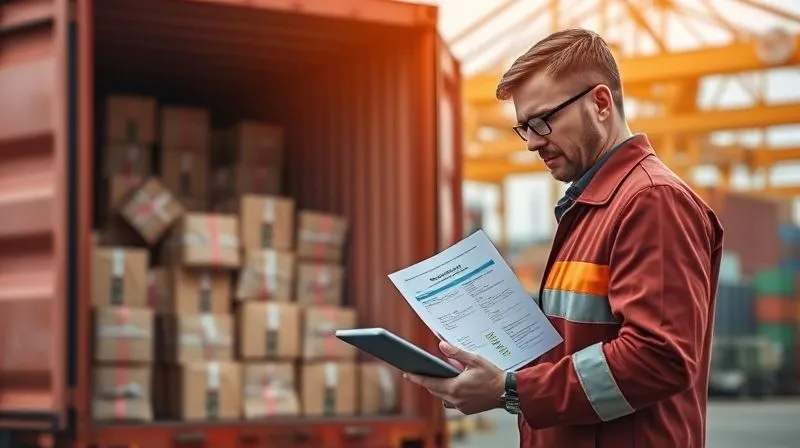 A photorealistic image showing a large cargo container being loaded with many smaller, individually wrapped packages, symbolizing the consolidation process. In the foreground, a logistics manager reviews a manifest on a tablet, with a blurred background of a busy port. 8K, cinematic lighting, sharp focus, depth of field, shot on a high-end DSLR.