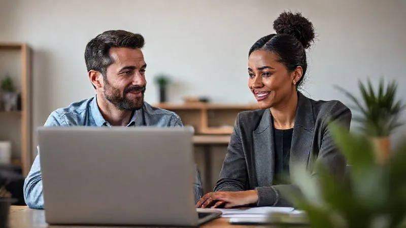 A photorealistic image of two diverse professionals, one male and one female, engaged in a deep, empathetic conversation over a video call, visible on a laptop screen. Their faces show genuine interest and active listening. The background is a modern, minimalist home office. Cinematic lighting, sharp focus on their expressions, depth of field blurring the background, 8K hyper-detailed, shot on a high-end DSLR.