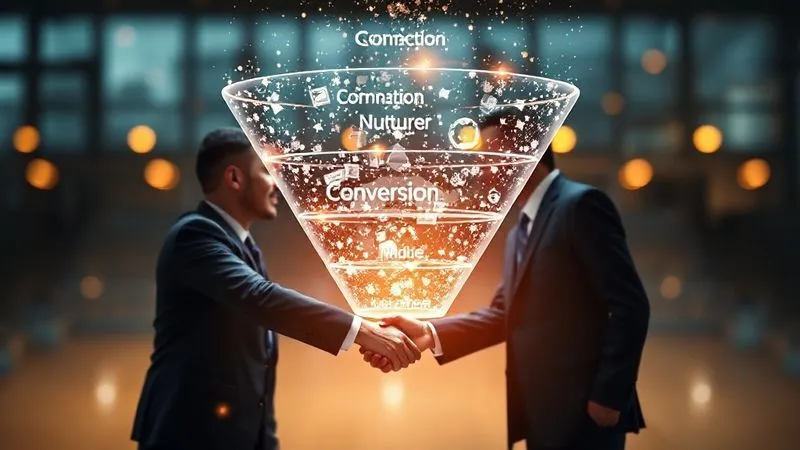 A photorealistic image of a clear, glowing sales funnel diagram, digitally rendered, with different stages labeled 'Connection', 'Nurturing', and 'Conversion', leading to a successful handshake between two business people. The funnel is transparent, showing movement of light particles. Cinematic lighting, sharp focus, depth of field, 8K hyper-detailed, shot on a high-end DSLR.