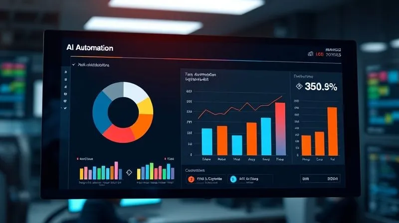 A photorealistic image of a sleek, modern digital dashboard displaying various AI automation metrics: a pie chart showing task distribution, a line graph indicating efficiency gains over time, and a bar chart of reduced operational costs. The interface is clean and intuitive, with a subtle glow, set in a professional, slightly blurred background of a busy but organized digital workspace. Cinematic lighting, sharp focus on the data, depth of field. 8K hyper-detailed, professional photography, shot on a high-end DSLR.