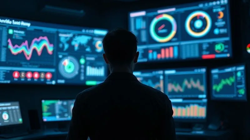 A photorealistic image of a futuristic control room, with a digital entrepreneur (back to camera) looking at multiple large screens displaying complex, vibrant data visualizations. One screen shows a detailed customer journey map, another a predictive sales funnel, and a third a personalized content recommendation engine. The room is dimly lit, with the screen light casting a soft glow, emphasizing the power of data-driven insights. Cinematic lighting, sharp focus on the screens and the entrepreneur's silhouette, depth of field. 8K hyper-detailed, professional photography, shot on a high-end DSLR.