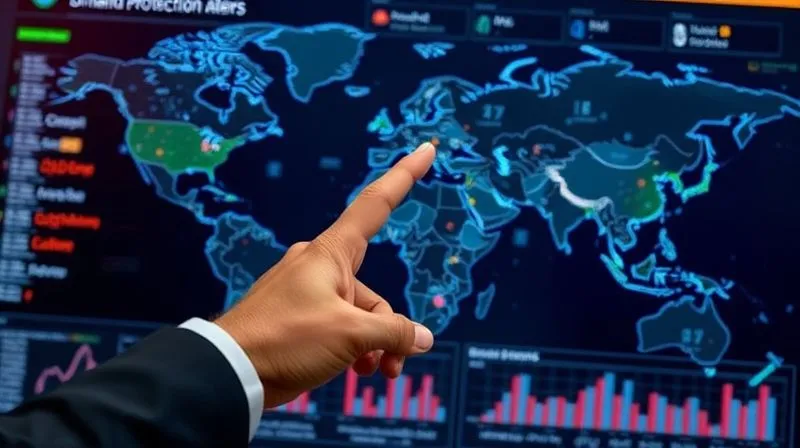A photorealistic image of a global network map overlaying a professional hand pointing at a data dashboard with various brand protection metrics (e.g., domain squatting alerts, trademark infringement notices). Cinematic lighting, sharp focus on the hand and screen, depth of field blurring the background, 8K hyper-detailed, professional photography, shot on a high-end DSLR.