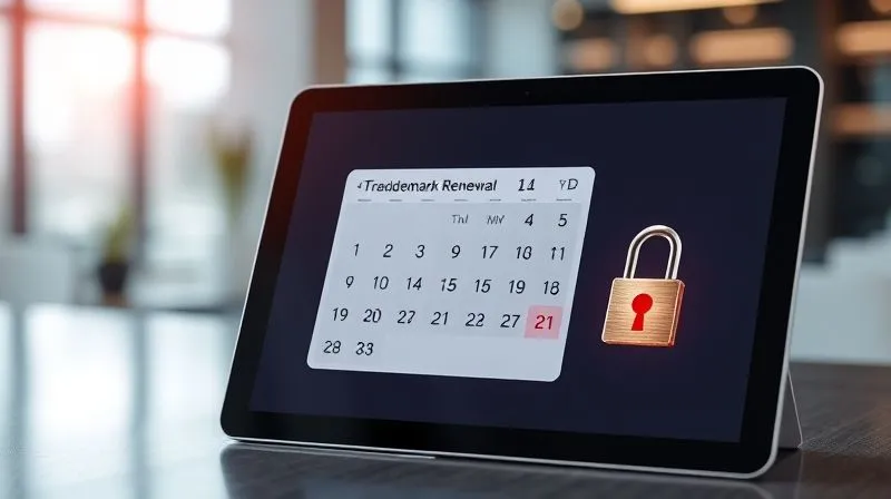 A photorealistic image of a digital calendar with a highlighted reminder for "Trademark Renewal" on a tablet screen, next to a watchful eye icon and a small, secure lock. Cinematic lighting, sharp focus on the screen, depth of field blurring a modern office background, 8K hyper-detailed, professional photography, shot on a high-end DSLR.