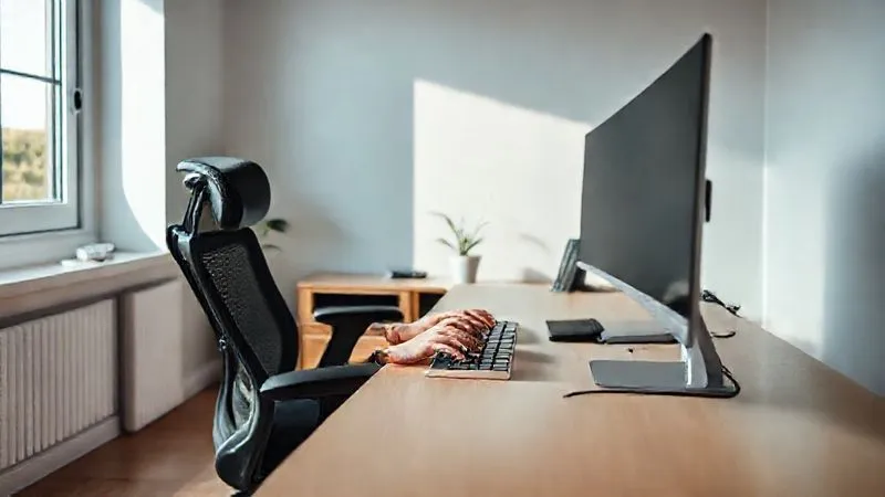 Photorealistic, professional photography, 8K, cinematic lighting, sharp focus, depth of field, shot on a high-end DSLR. A clean, minimalist home office setup with a high-quality ergonomic chair, a large monitor, and a neat desk. Natural light streams in from a window on the left, illuminating a single plant. The overall atmosphere is calm, organized, and conducive to deep work, with no visible distractions. The entrepreneur's hands are on the keyboard, but he is not in the frame, emphasizing the environment itself.