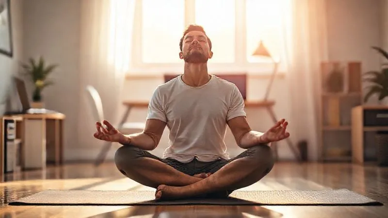 Photorealistic, professional photography, 8K, cinematic lighting, sharp focus, depth of field, shot on a high-end DSLR. A serene image of an entrepreneur, mid-30s, meditating in a minimalist, sunlit home office. He is sitting cross-legged on a yoga mat, eyes closed, with a calm expression. The background shows a blurred hint of a laptop and desk, indicating the context of a break from work. The lighting is soft and warm, emphasizing tranquility and mental clarity.