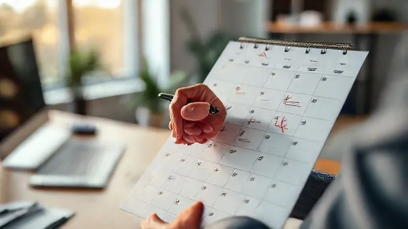 Photorealistic, professional photography, 8K, cinematic lighting, sharp focus, depth of field, shot on a high-end DSLR. A dynamic image showing a calendar or planner with notes and arrows, indicating flexibility and adjustments to a schedule. A hand is holding a pen, making an alteration, with a blurred background of a modern home office. The image conveys organization, adaptability, and continuous improvement in a work routine.